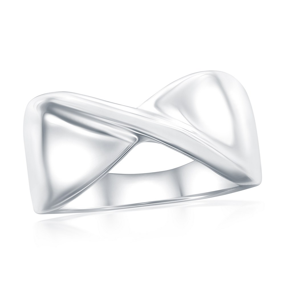 Sterling Silver White Tone Flat X Ring Ring