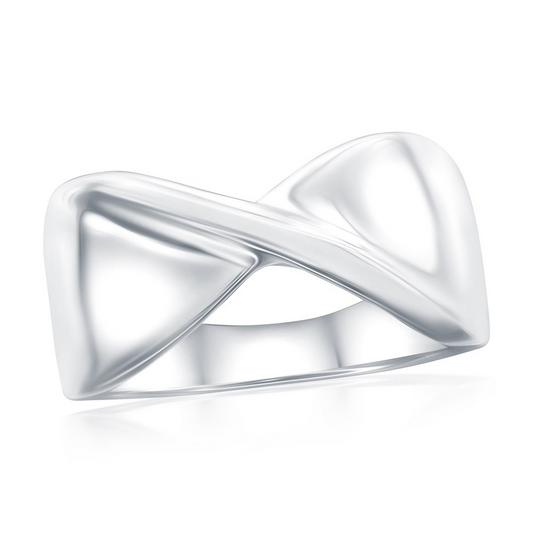 Sterling Silver White Tone Flat X Ring Ring