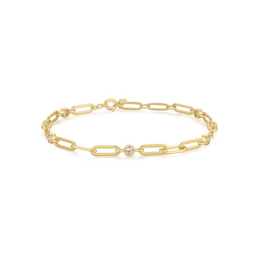14K Gold Plated Bezel Station Paperclip Chain Bracelet