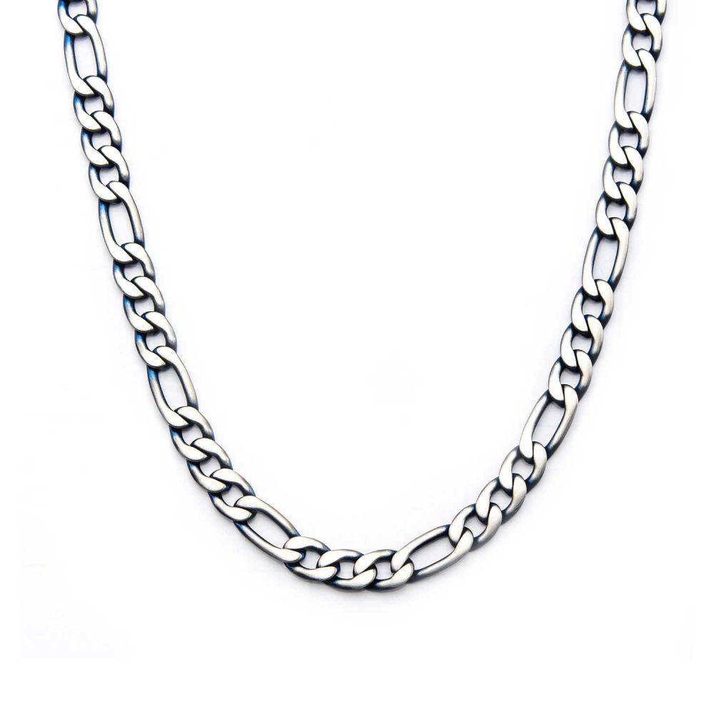 Stainless Steel Denim Blue IP 6.5mm Figaro Chain Necklace wi