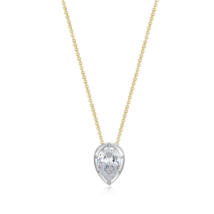 Two Tone Six-Prong Bezel Solitiare Pear CZ Pendant