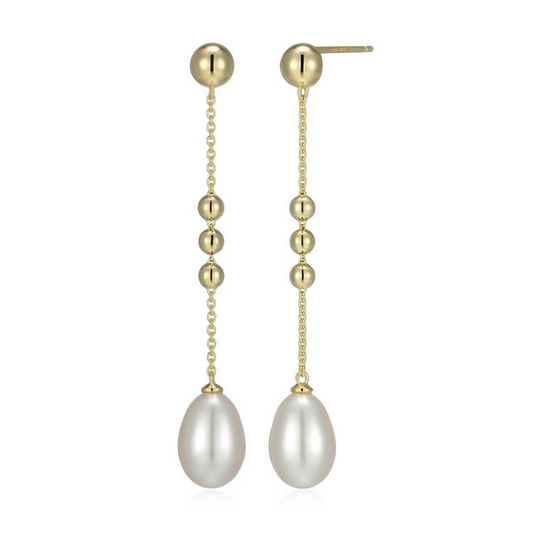14K Gold Plated White Pearl Post Dangle Earrings