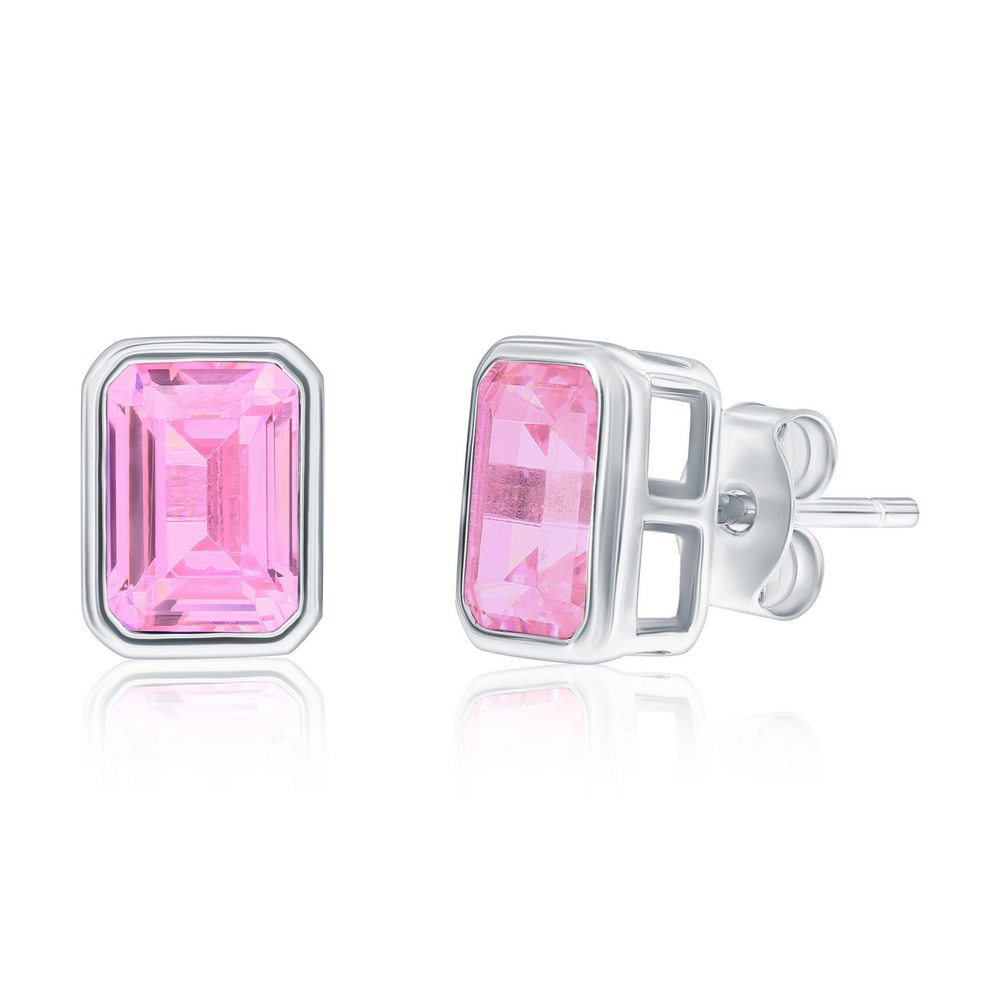 Sterling Silver Pink CZ Emerald-Cut Bezel Stud Earrings