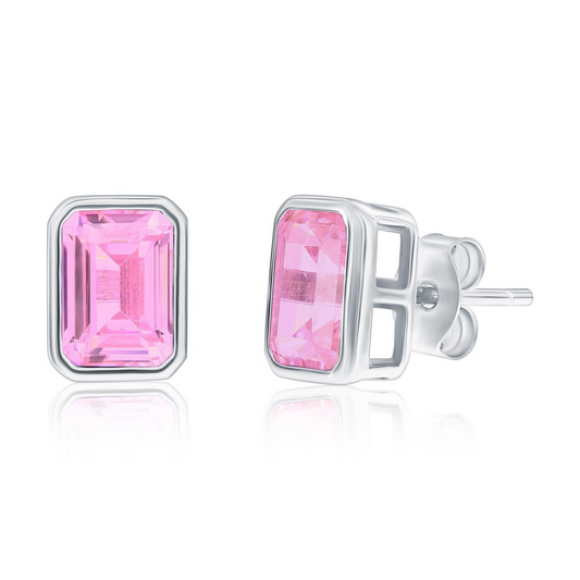 Sterling Silver Pink CZ Emerald-Cut Bezel Stud Earrings