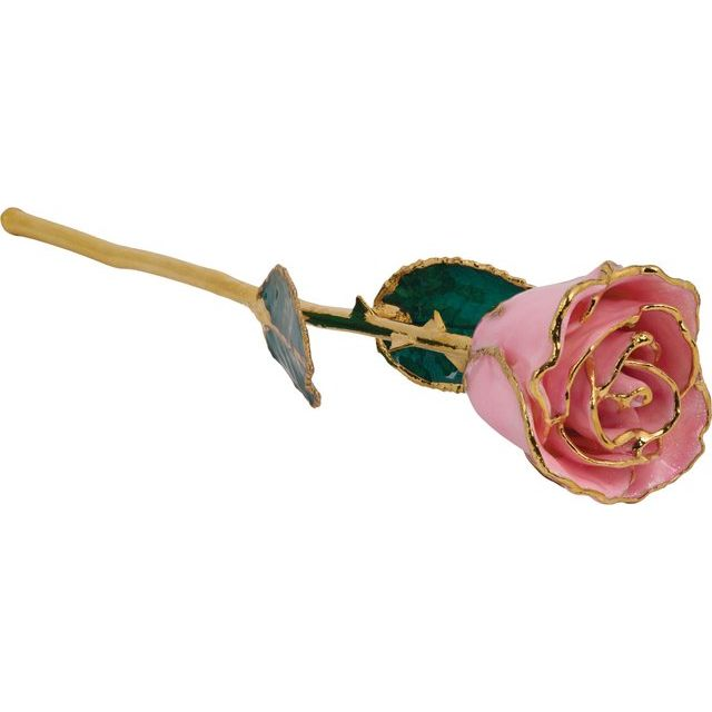 24K Gold Plated Lacquered Pink Sparkle Rose with Gold Trim