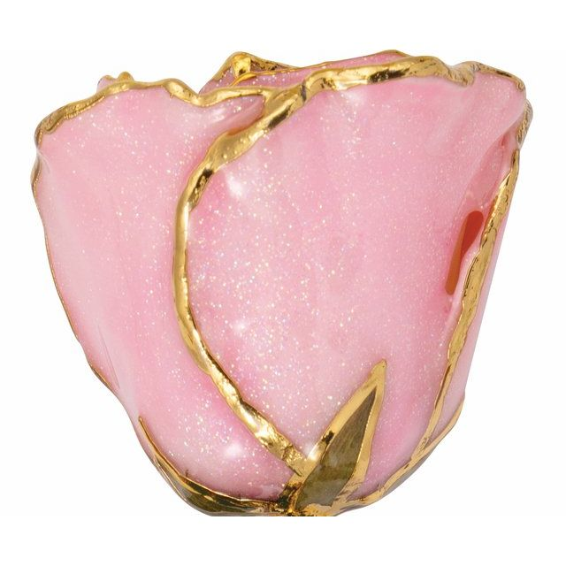 24K Gold Plated Lacquered Pink Sparkle Rose with Gold Trim