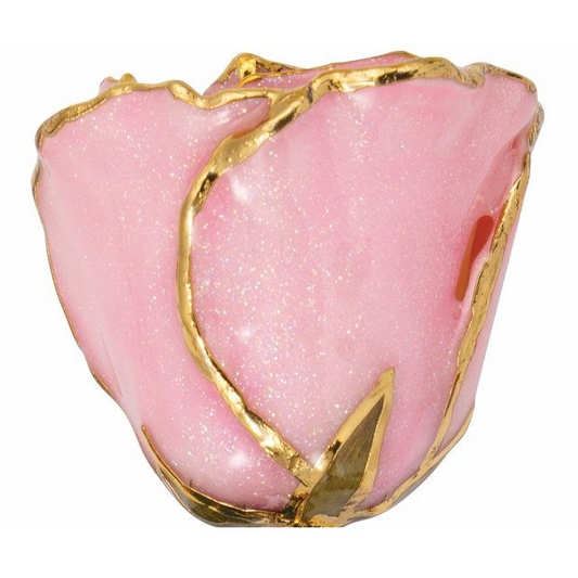 24K Gold Plated Lacquered Pink Sparkle Rose with Gold Trim
