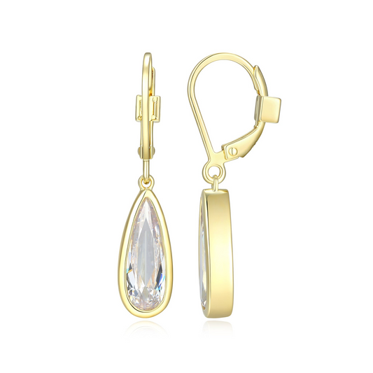 14K Gold Plated Bezel-set Elongated Pear CZ Leverback Earrings