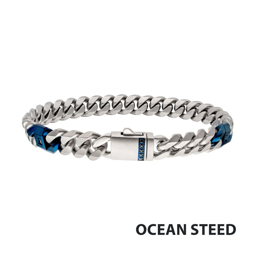 Matte Steel & Blue Link Black Sapphire 6mm Cuban Chain Bracelet