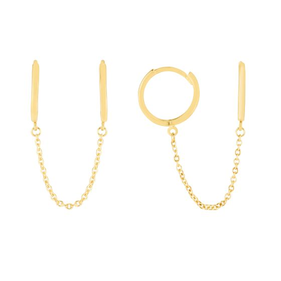 14K Duo Pierced Chain Huggie Earrings