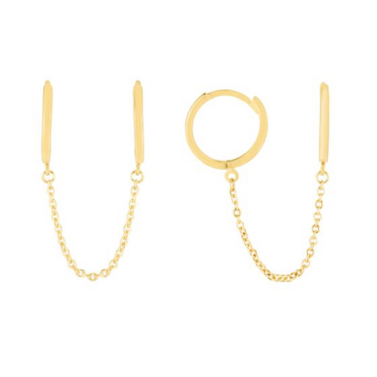 14K Duo Pierced Chain Huggie Earrings