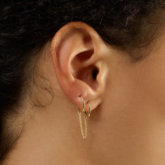 14K Duo Pierced Chain Huggie Earrings