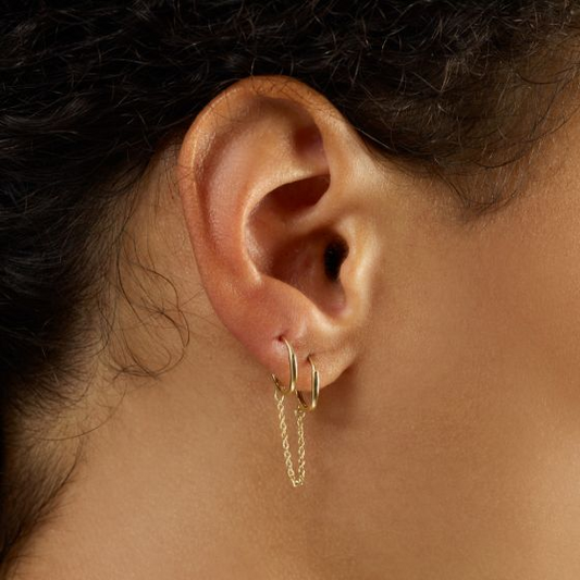 14K Duo Pierced Chain Huggie Earrings