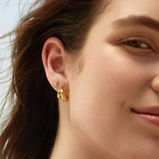 14K Gold Plated Dome Double Huggie Hoop Earrings