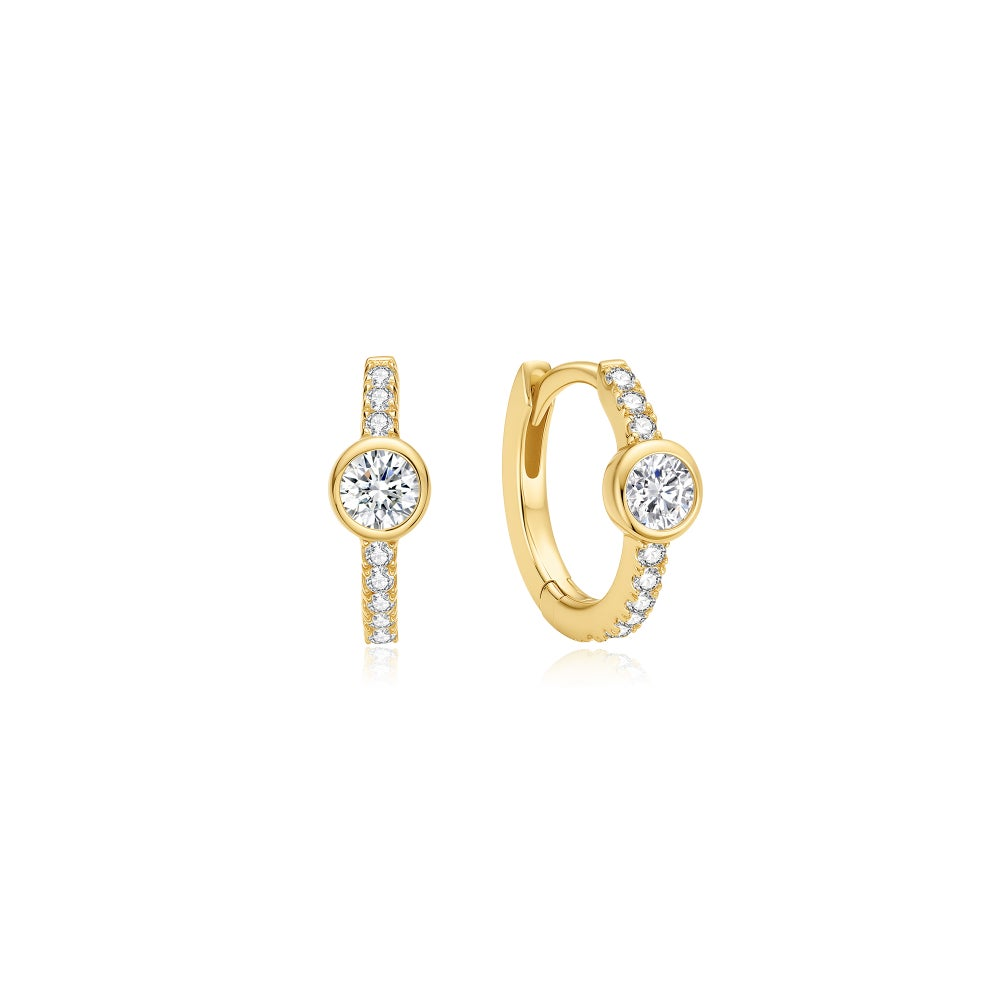 14K Gold Plated Pave & Bezel-Set CZ Huggie Hoop Earrings