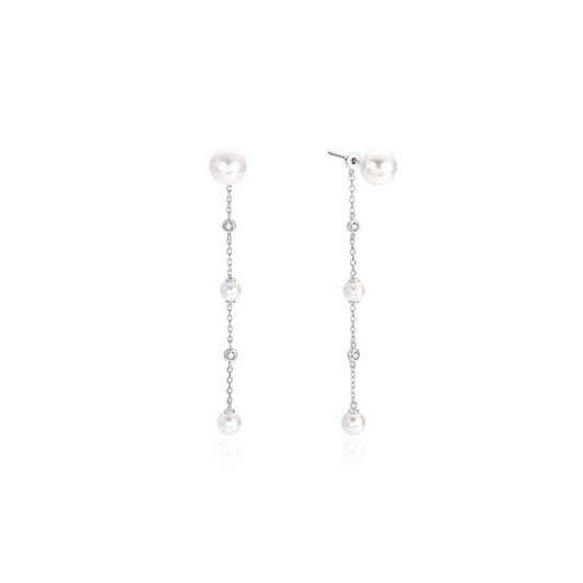 Sterling Silver Cascade Shell Pearl Station Drop Stud Earrings