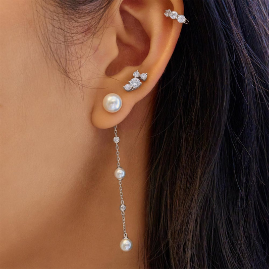 Sterling Silver Cascade Shell Pearl Station Drop Stud Earrings