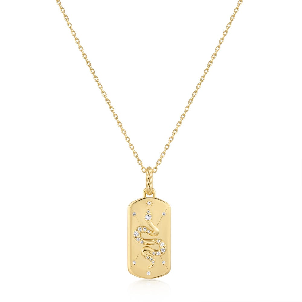 Sterling Silver 14K Gold Plated CZ Serpent Tag Necklace