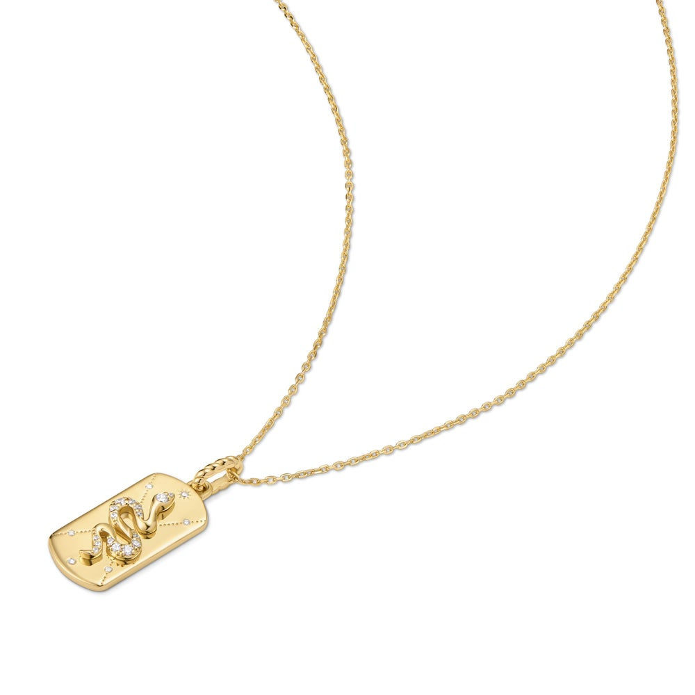 Sterling Silver 14K Gold Plated CZ Serpent Tag Necklace