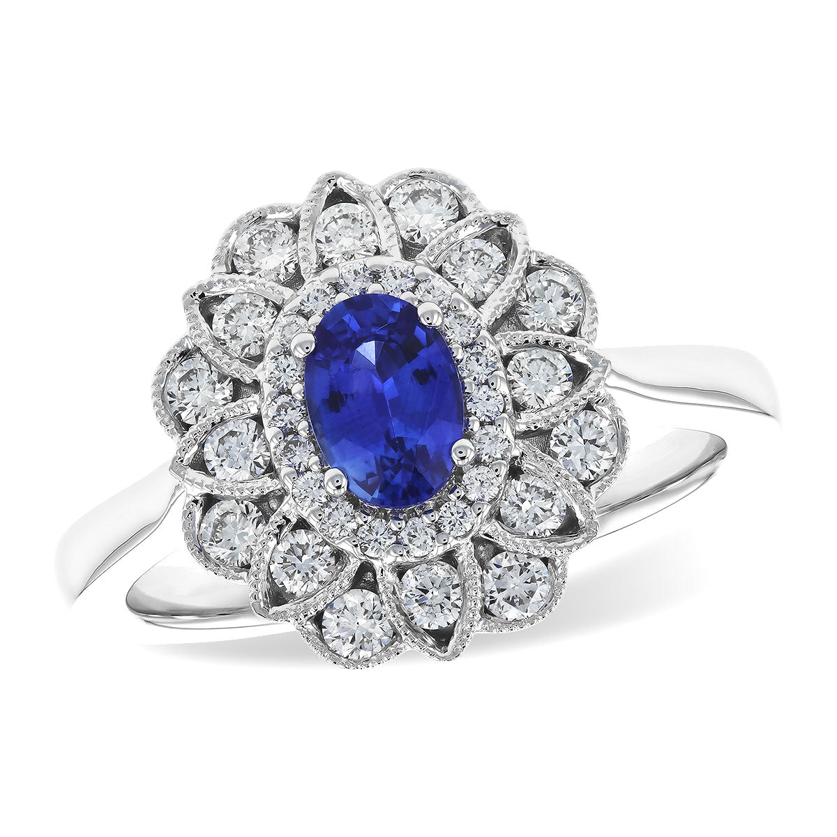 14K Floral Halo Oval Blue Sapphire Fashion Ring