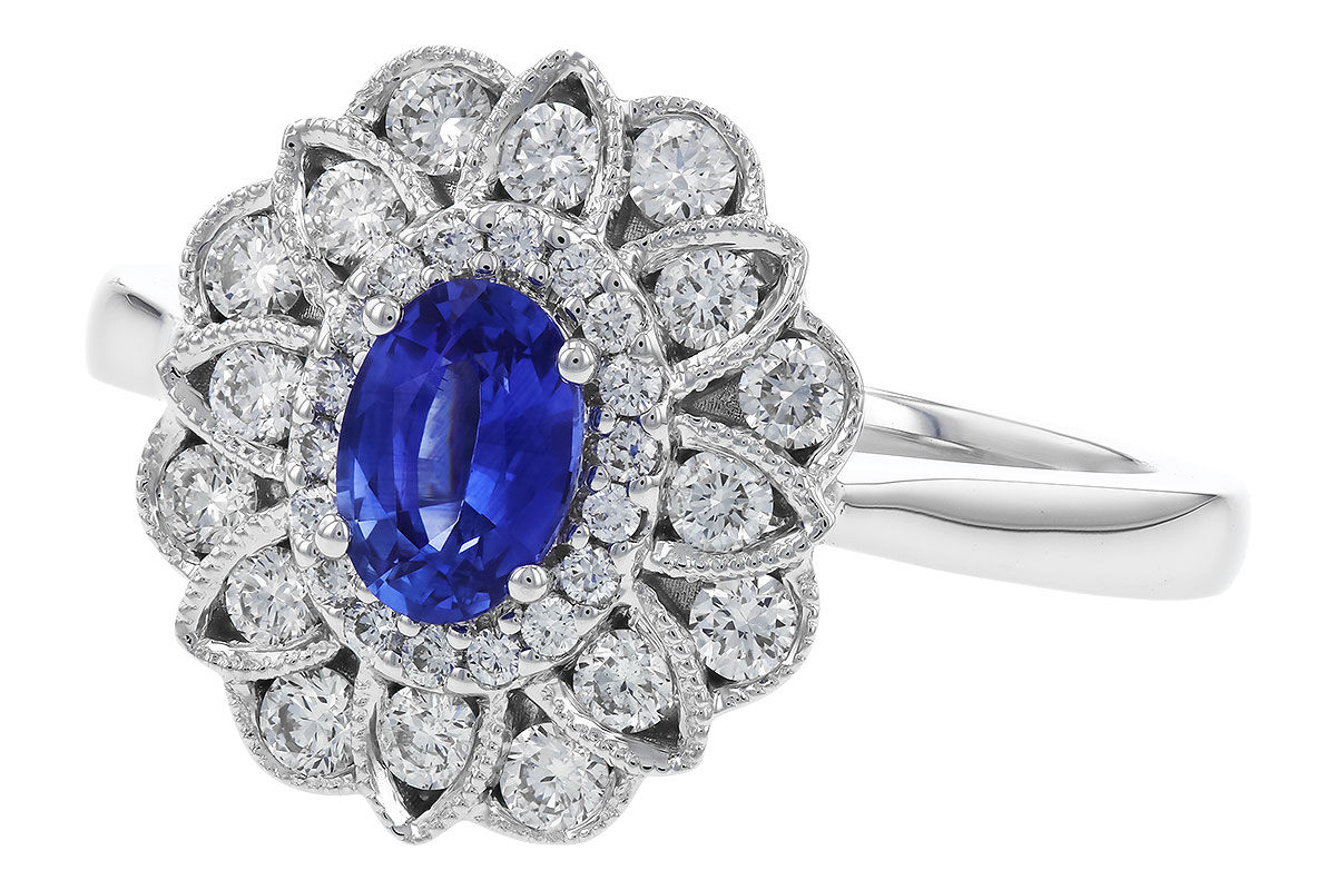 14K Floral Halo Oval Blue Sapphire Fashion Ring