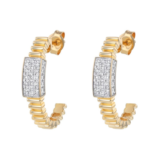 14K Corrugated Pave Diamond J-Hoop Earrings