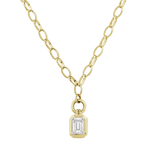 18K Bezel Drop Emerald-Cut Fancy Rolo Diamond Necklace