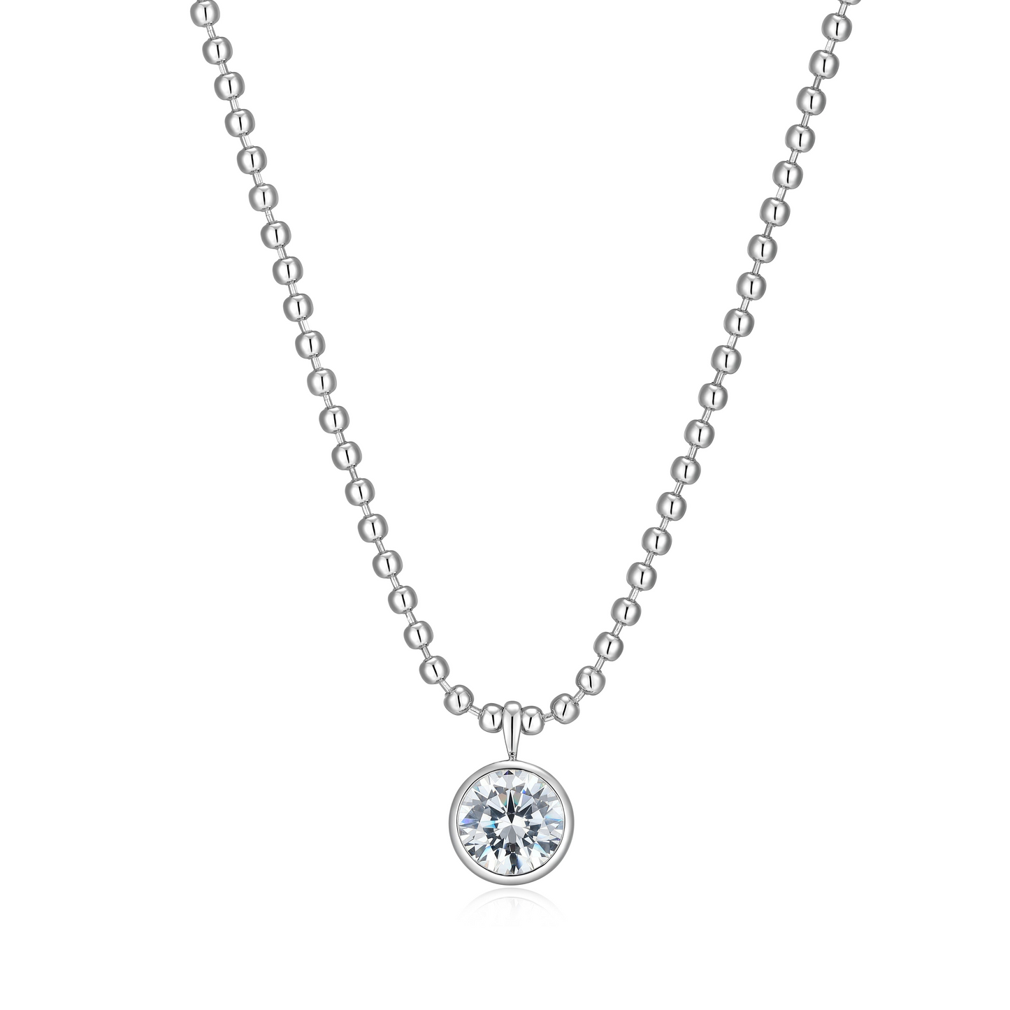 Sterling Silver Round CZ Bead & Bezel Necklace