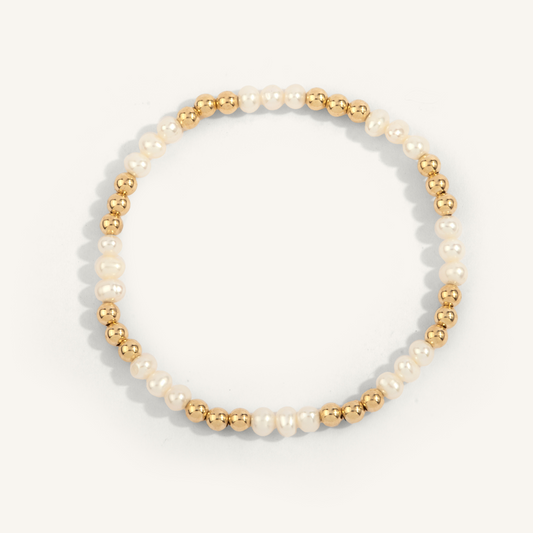 Gold Filled 3x3 Pattern Pearl & Gold Beaded Stretch Bracelet