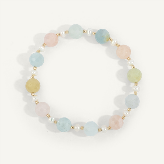 Morganite, Pearl, Moonstone Pastel Candy Gemstone Stretch Bracelet