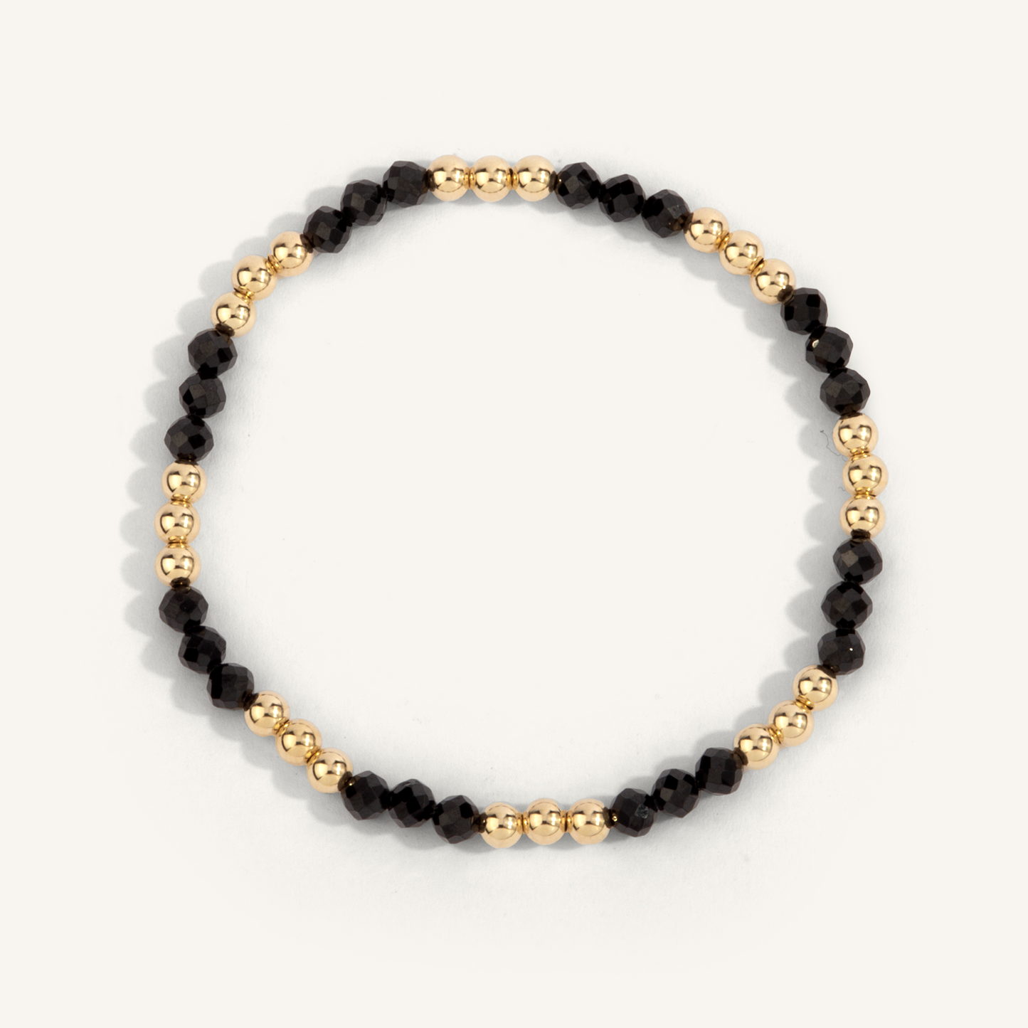14K Gold Plated 3x3 Black Spinel & Gold Bead Stretch Bracelet