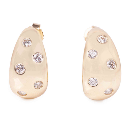 14K Burnished Scattered Diamond Dome J-Hoop Earrings