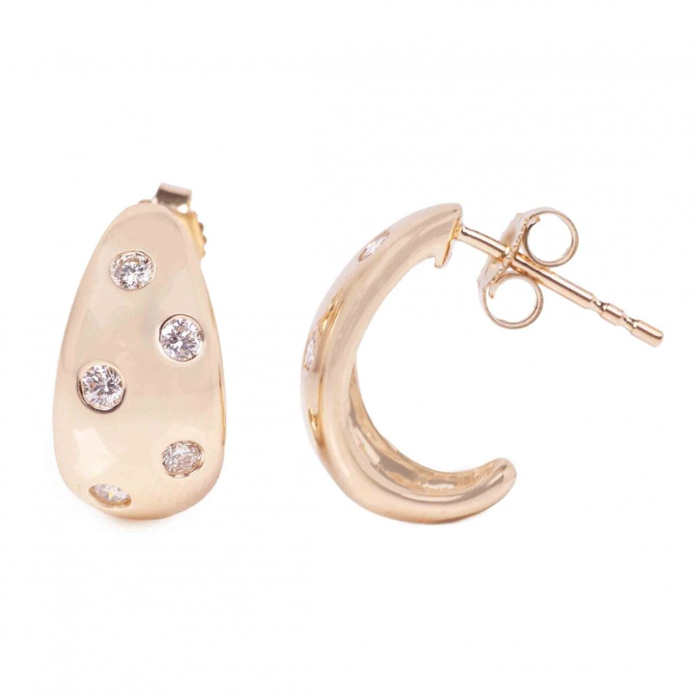 14K Burnished Scattered Diamond Dome J-Hoop Earrings