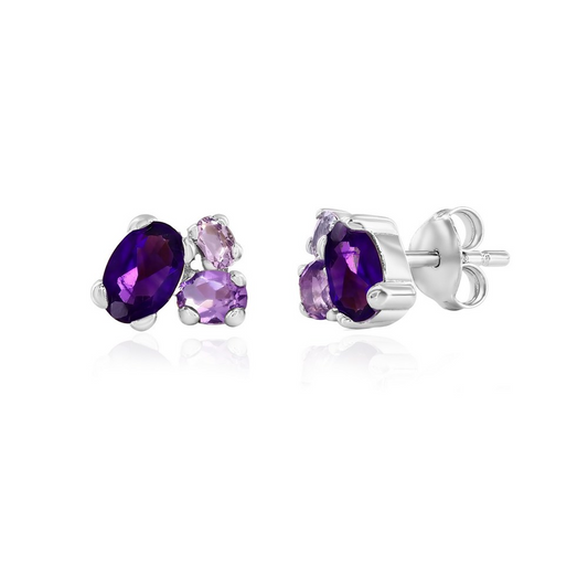 Sterling Silver Oval Amethyst Cluster Gem Stud Earrings