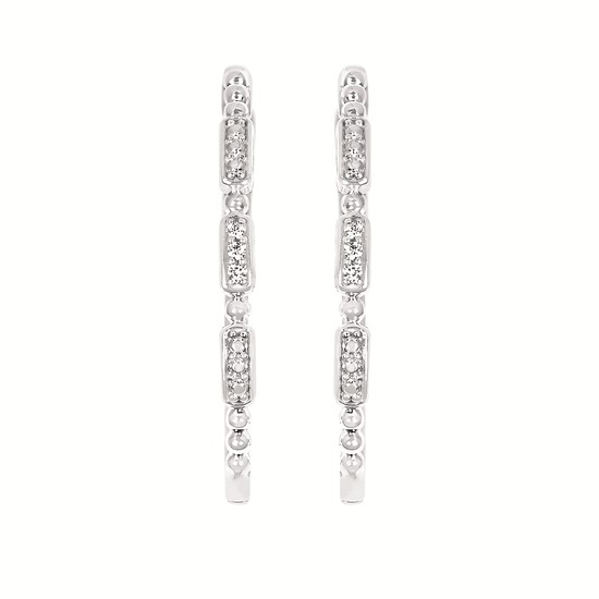 Sterling Silver Diamond Bead Pattern Oval Hoop Earrings