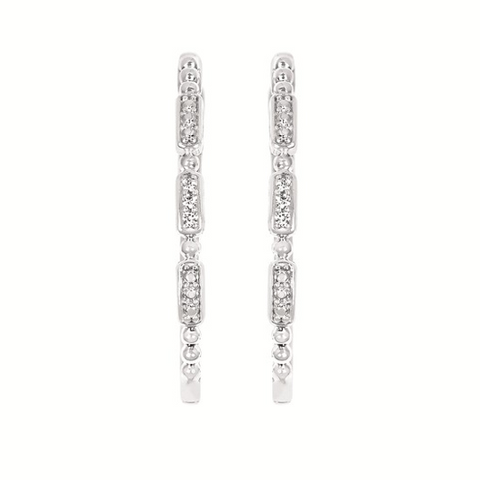 Sterling Silver Diamond Bead Pattern Oval Hoop Earrings