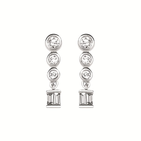 Sterling Silver Bezel Round & Baguette Diamond Stud Dangle Earrings