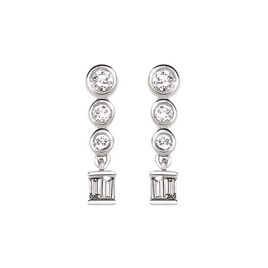 Sterling Silver Bezel Round & Baguette Diamond Stud Dangle Earrings