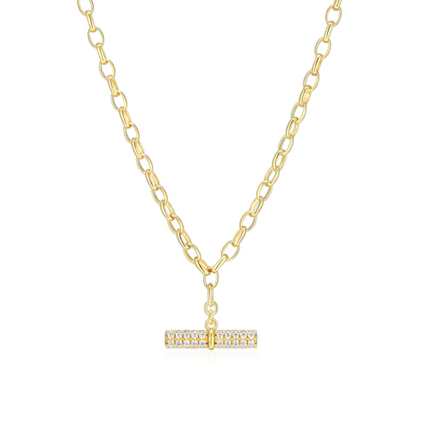 14K Gold-Plated CZ Bar Charm & Rolo Chain Necklace