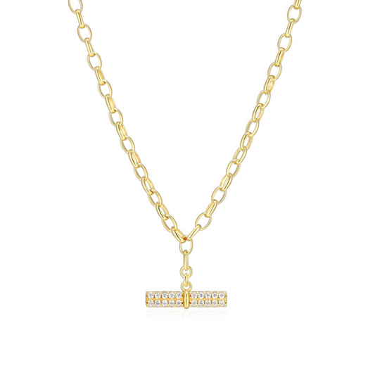 14K Gold-Plated CZ Bar Charm & Rolo Chain Necklace