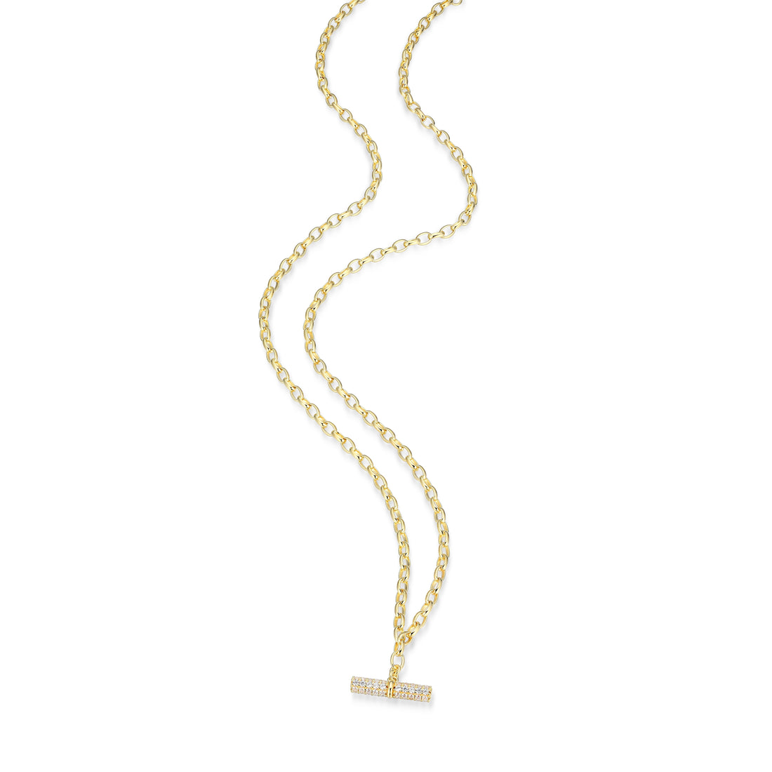 14K Gold-Plated CZ Bar Charm & Rolo Chain Necklace