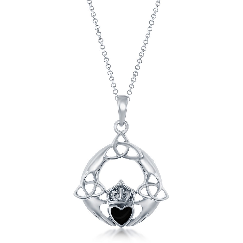 Sterling Silver White Tone Onyx Claddagh