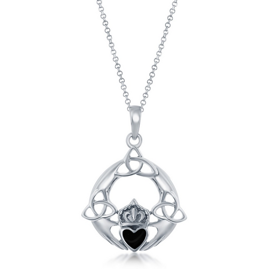 Sterling Silver White Tone Onyx Claddagh