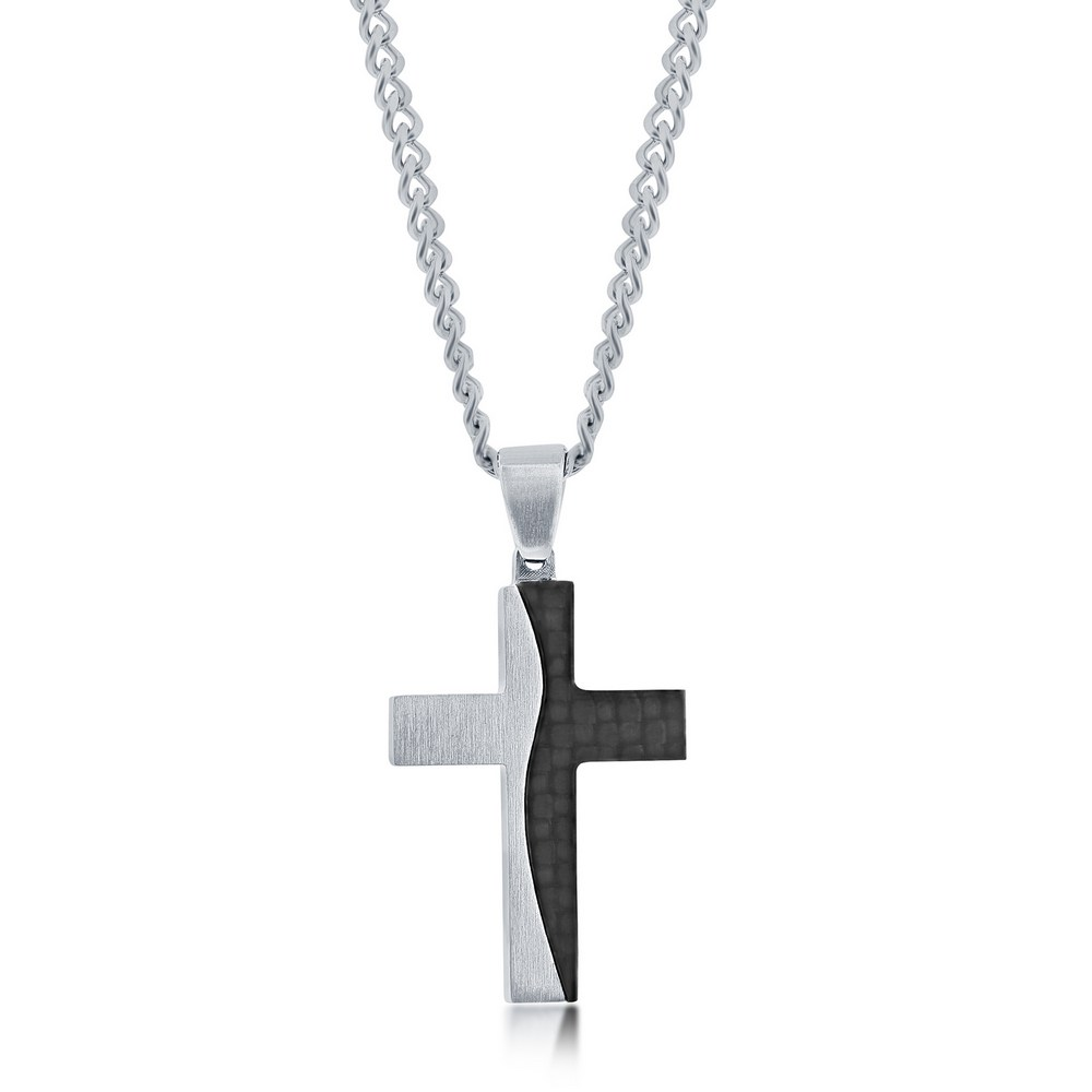 Sterling Silver White Tone Carbon Fiber Cross