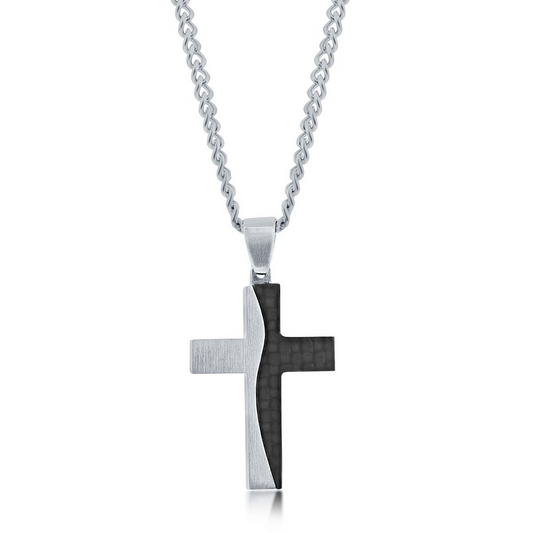 Sterling Silver White Tone Carbon Fiber Cross