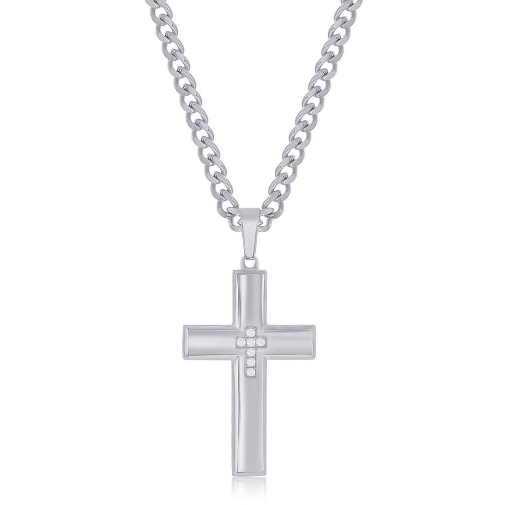 Stainless Steel White Tone CZ Cross Necklace