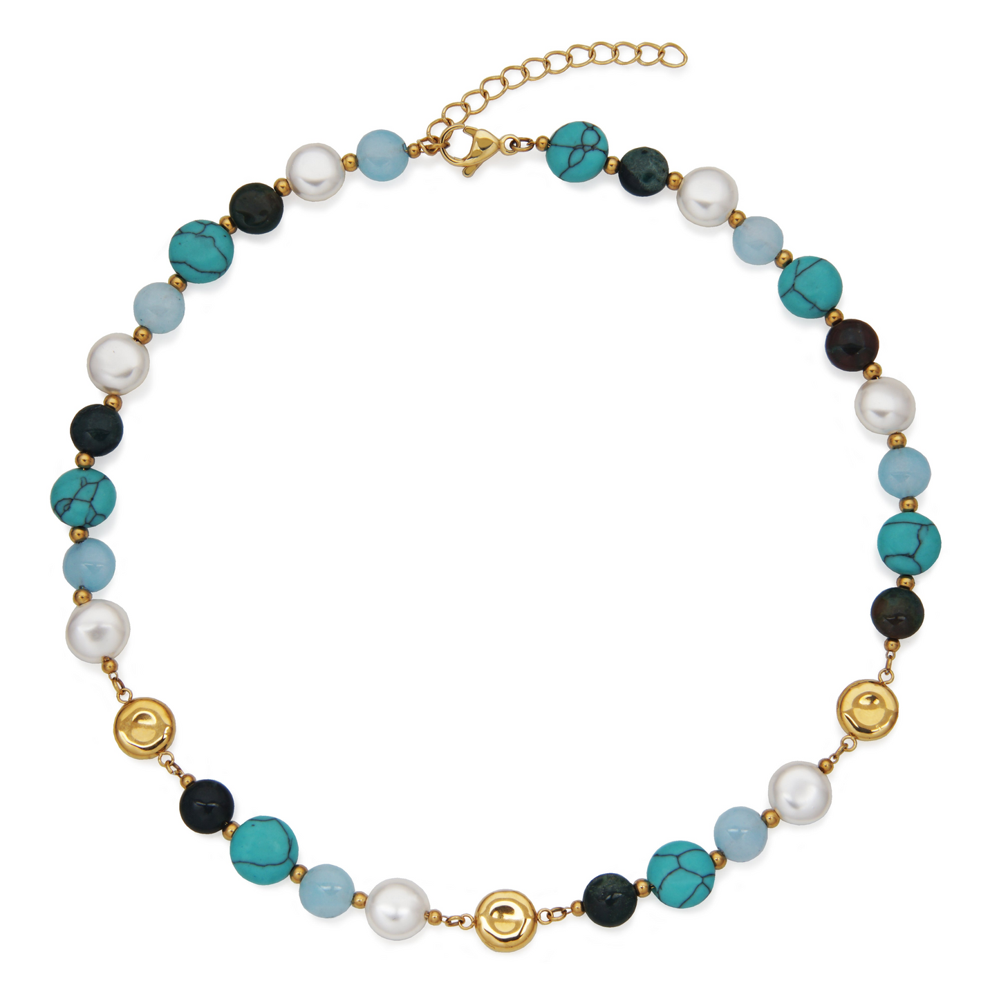Stainless Steel Yellow Gold Plated Turquoise, Pearl & Semi-Precious Necklace