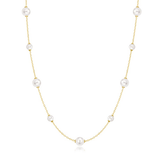 14K Gold Plated Polished Shell Pearl Station Necklace