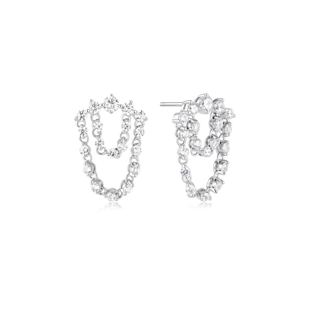 Sterling Silver Sparkling Arc CZ Double Chain Stud Earrings