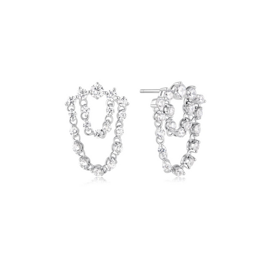 Sterling Silver Sparkling Arc CZ Double Chain Stud Earrings